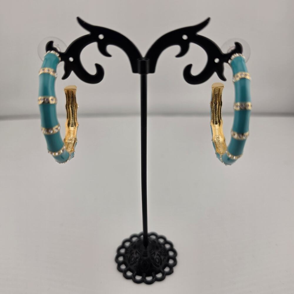 Vintage JC Thailand Gold Turquoise Enamel Bamboo Hoop Earrings Rhinestone